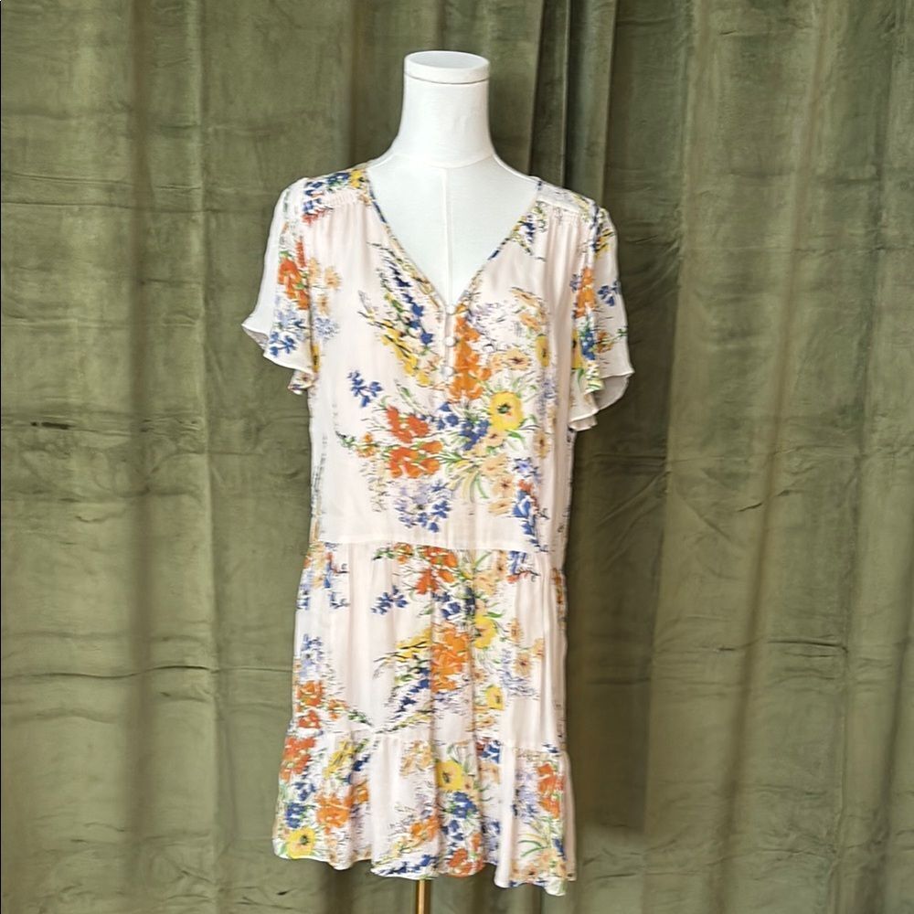 Parker Silk/Viscose Floral Print Dress With Ruffle Sleeves, S